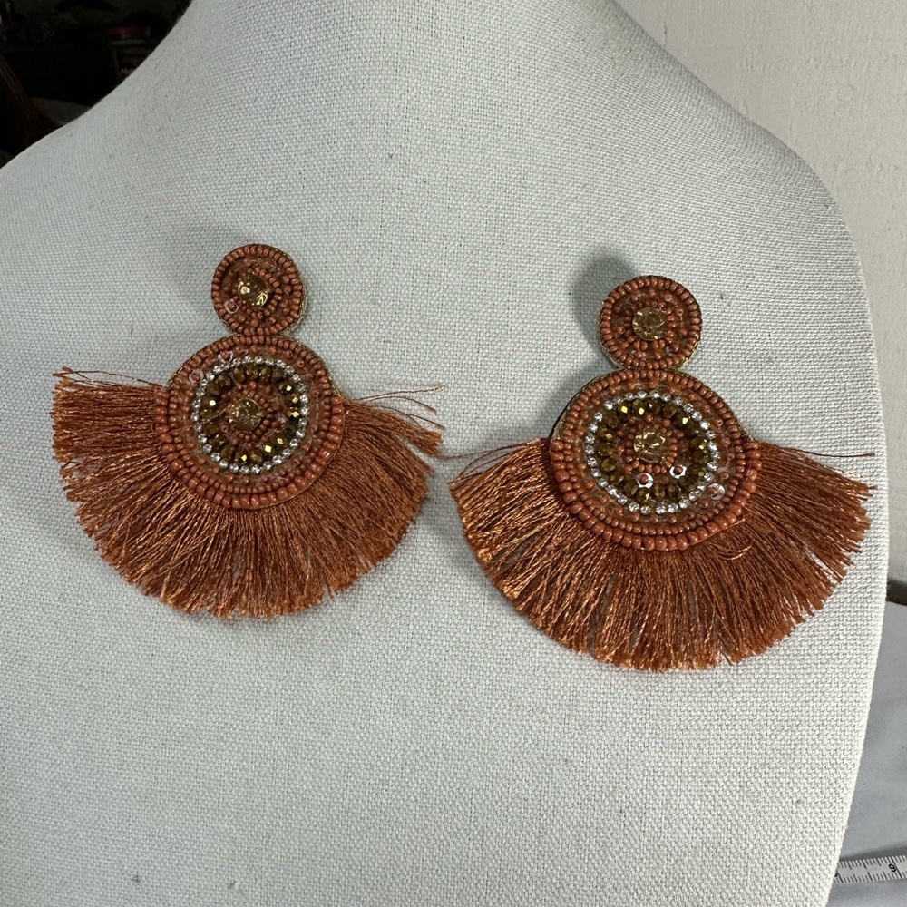 Large chocolate rust colored fringe rhinestone and beaded earrings